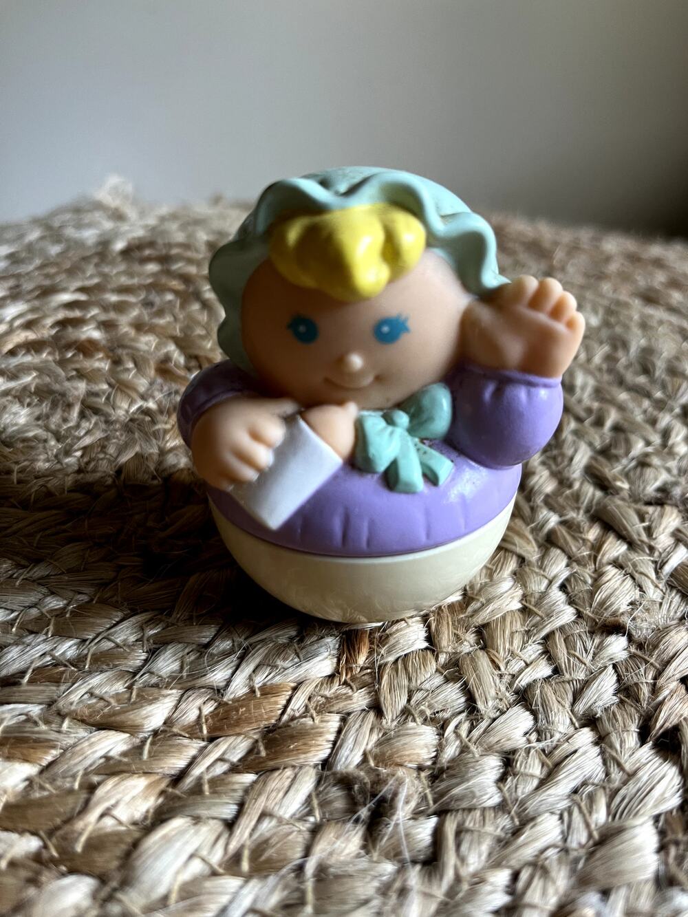 Vintage 1984 Playskool Weebles Baby Figure with Bottle Purple Robe Wobble Toy